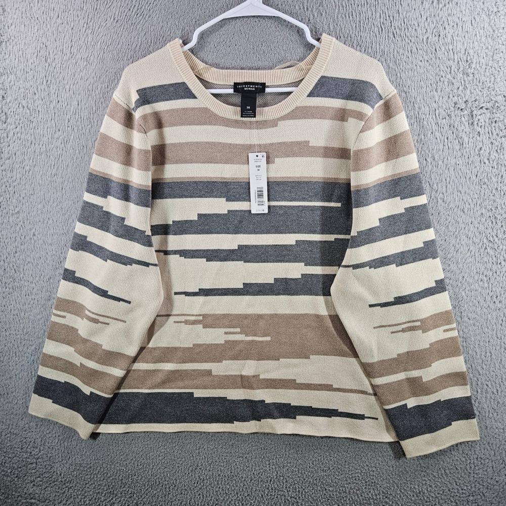 Investments Woman 3X Sweater Broken Stripe Grey Tan Cream Knit F51SV367HW NEW